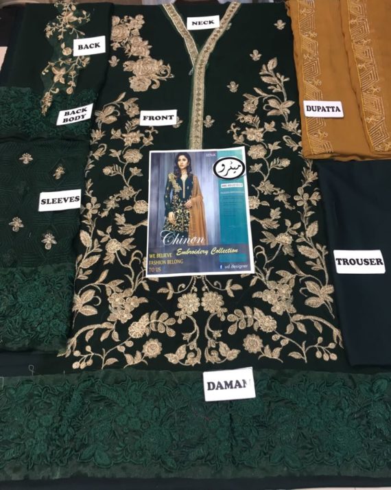 IZNIK Chiffon Embroidered Fancy Suit Gold n Green (2)