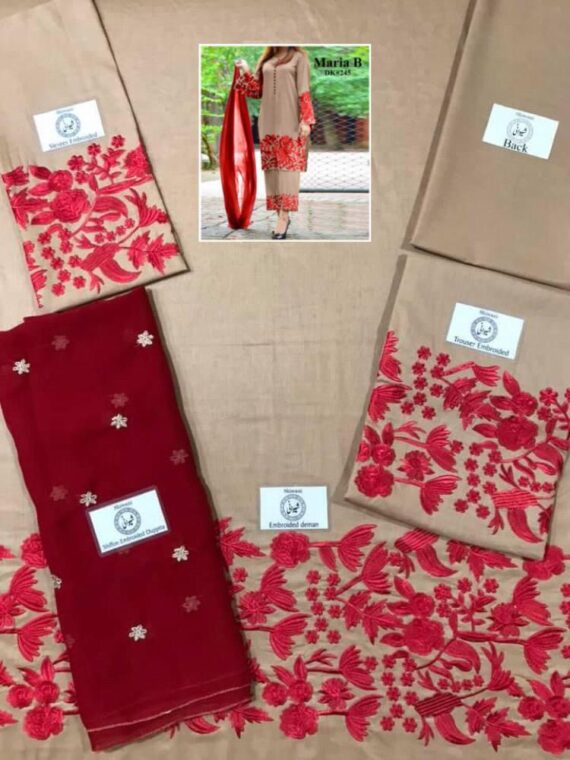 Stylized Embroidered Lawn Suit Grey & Red (2)